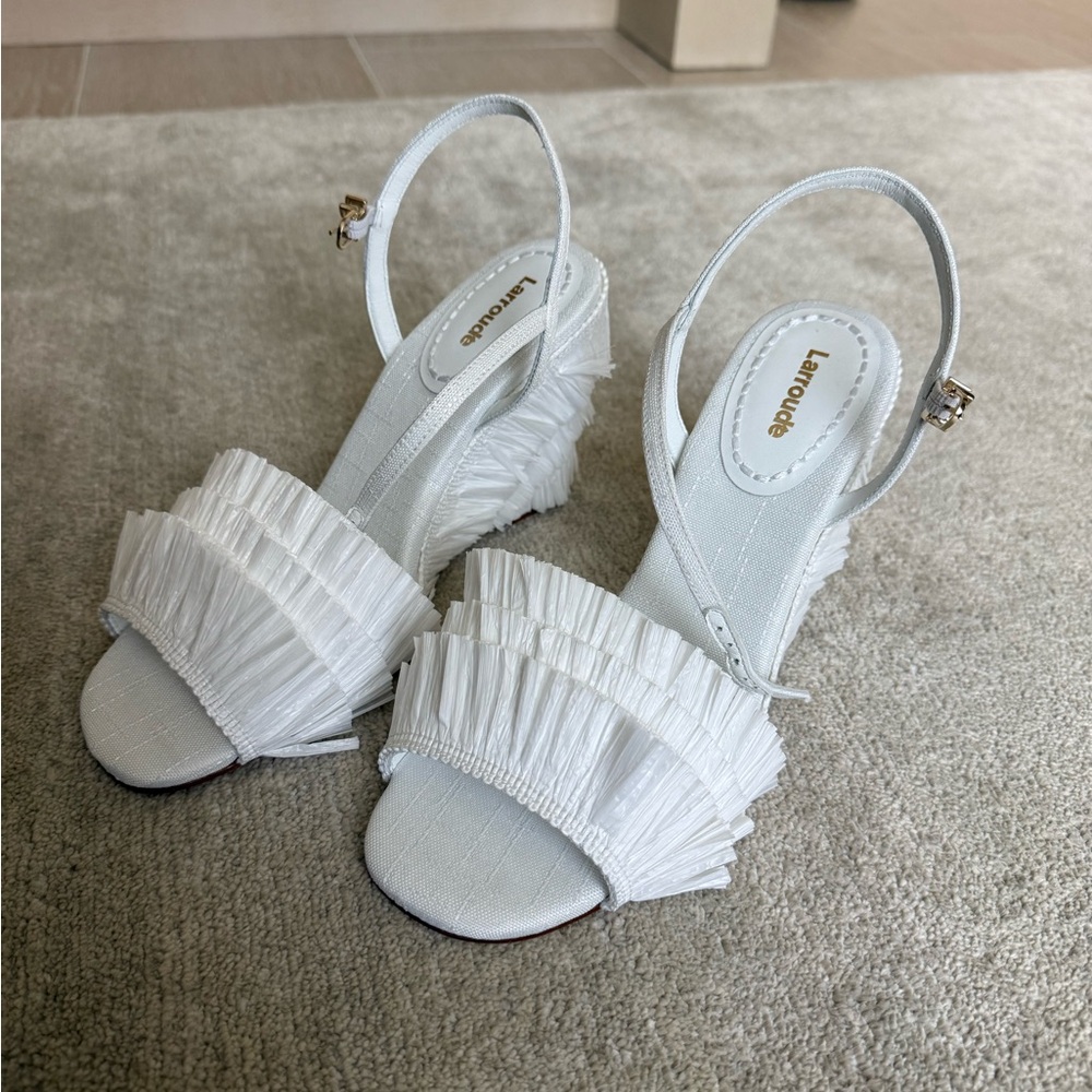 Larroude White Ruffle Slingback Sandal Wedges